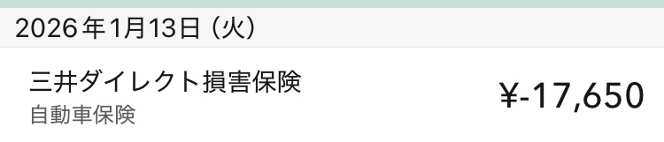 2026年1月の支払い履歴：三井ダイレクト損害保険 17,650円